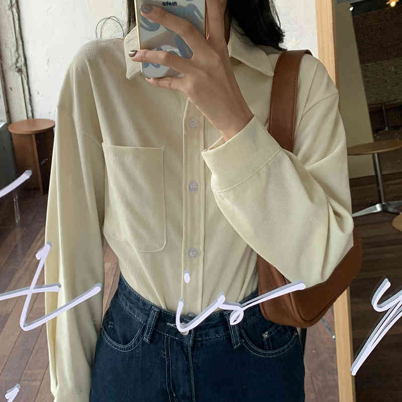 Beige Full Sleeves Corduroy Solid Chic Students Fashion Korean Girls Loose Slim All Match Office Lady Shirts 210421