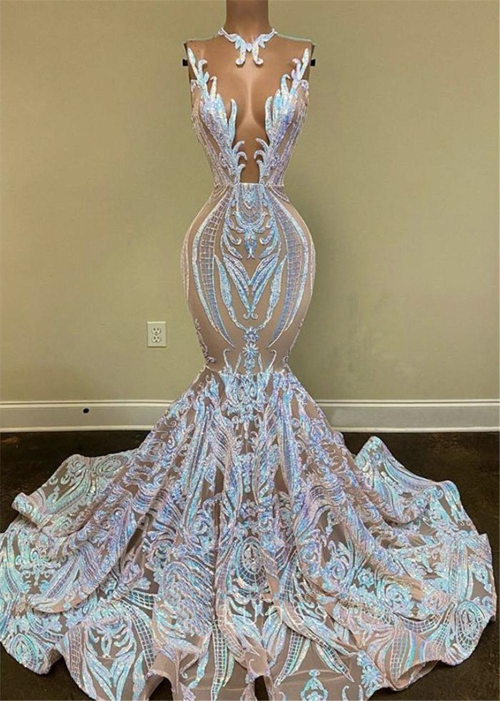 Black Girls Sparkly Sequin Long Prom Dresses 2021 Sexy sheer o Neck Mermaid African Women Gala Evening Party Gowns robes