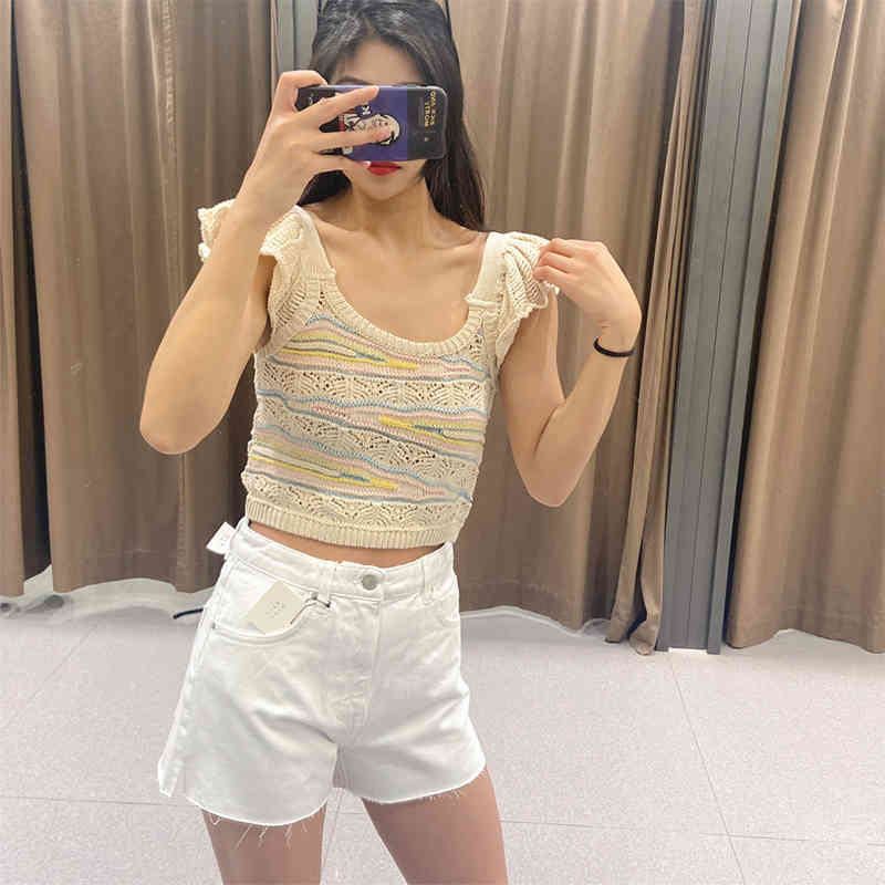 Fashion Women Pointelle Knit Top Sexy Hollow Out O Neck Ruffled Sleeve Summer Tops Chic Blouse 210430