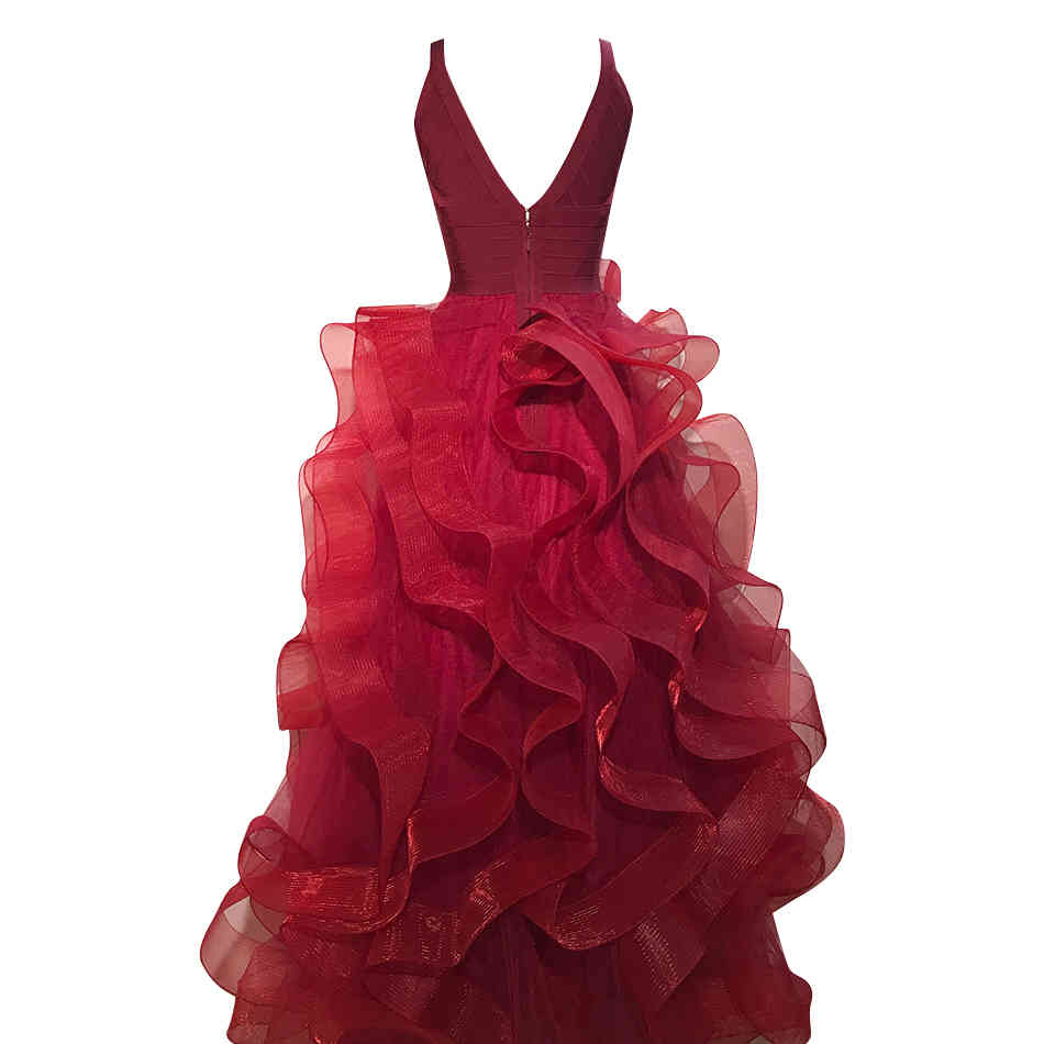 Summer Women's Spaghetti Strap Lace Bandage Dress Sexy V Neck Ruffles Floor Length Celebrity Party Evening 210423