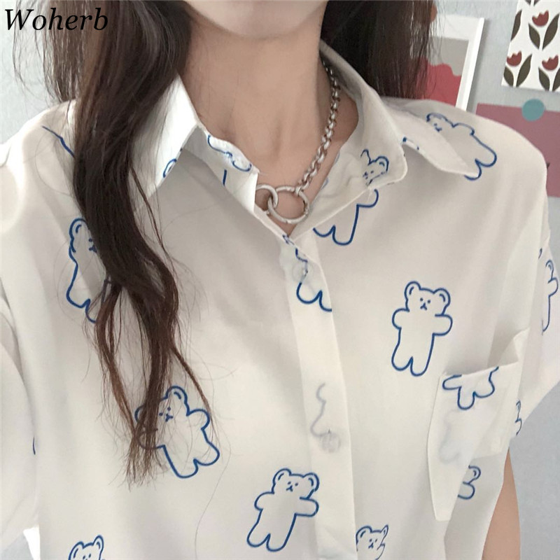 Cartoon Bear Print Blouse Women Korean Chic Short Sleeve Cute Blusa Shirt Kawaii Casual Fashion Lady Tops Clothes 210519