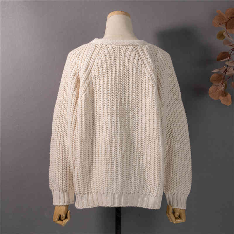 OL Elegant Vintage Solid V-neck Basic Knitted Sweater Female Tops Autumn Winter Loose Warm Cardigan Women Sweaters 210421
