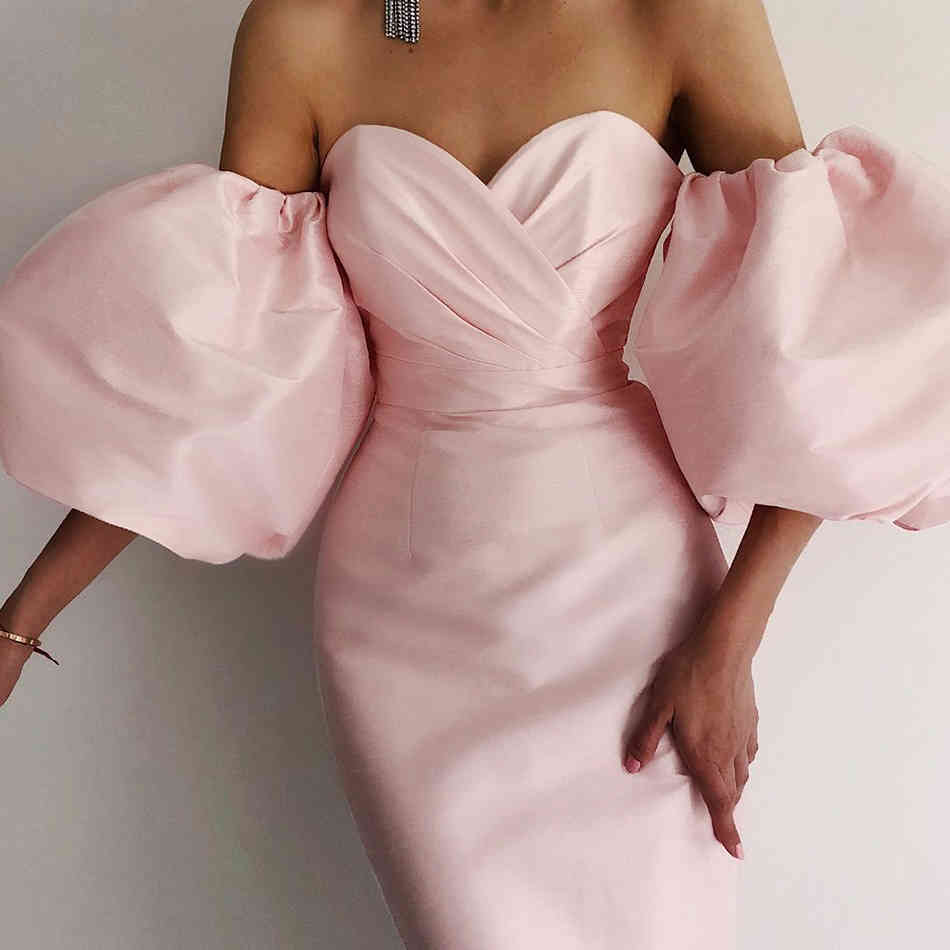 Summer Women Fashion Off Shoulder Black Club Midi Dress Sexy Short Lantern Sleeve Celebrity Runway Party Dresses 210423