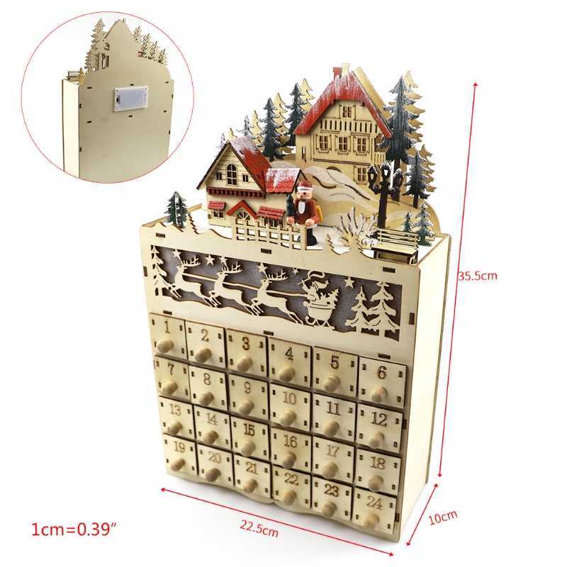 Christmas Wooden Advent Calendar LED Lighted Village House Santa Claus Countdown Ornament with Large Drawers Box Xmas Decoration 211019