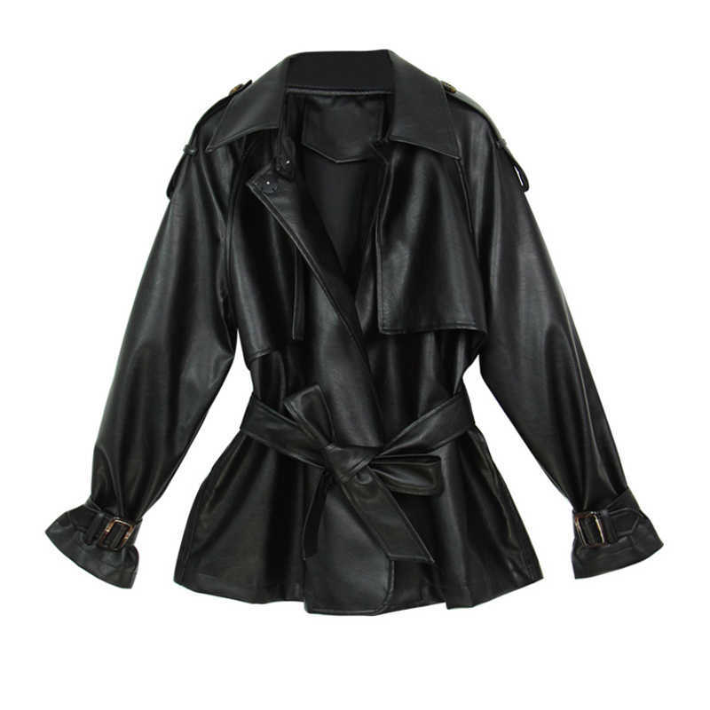 FTLZZ Autumn Women Loose Pu Faux Soft Leather Jacket Turndown Collar Motorcycle Black Coat Female Streetwear Outerwear With Belt 210908
