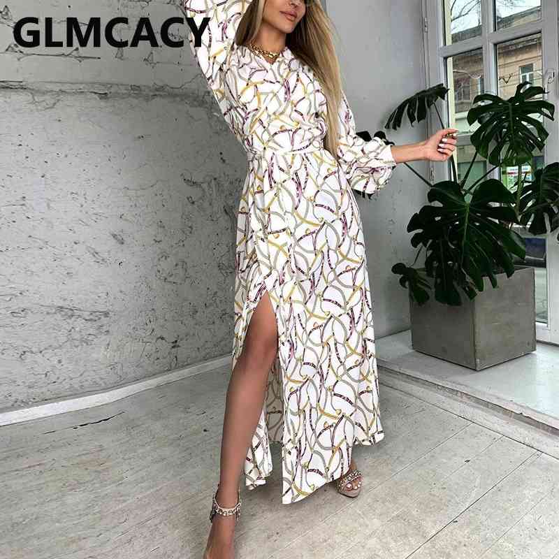 Long Sleeve Chain Printed Slit Maxi Dress 210702