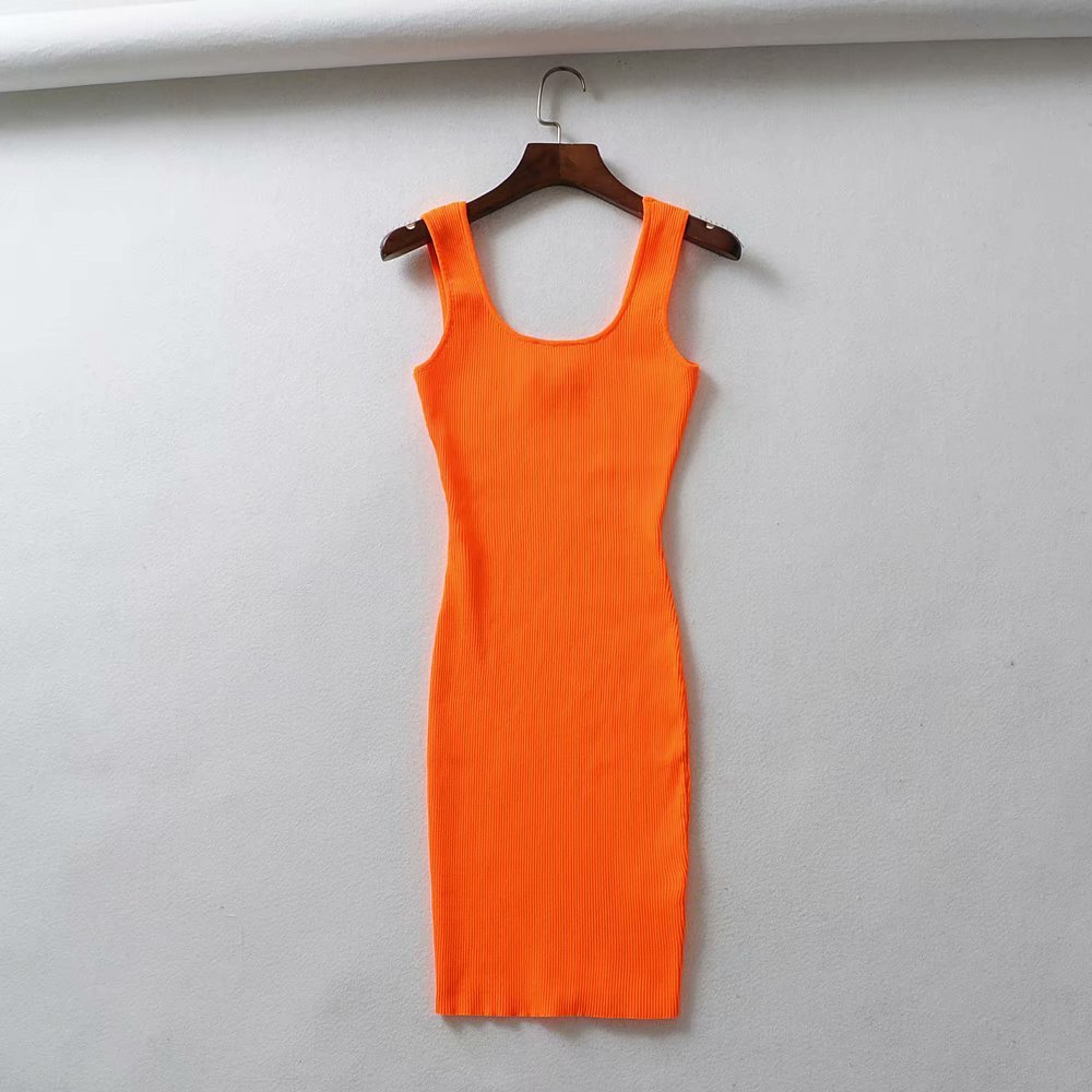 Summer Pink Neon Green Dress Women Ribbed Fluorescence Knit Bodycon Dress Tank Beach Casual Mini Dress Short Sundress 210409