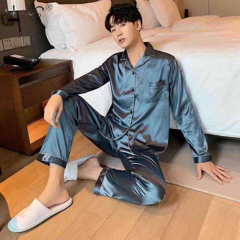 Men Loungewear Pyjamas Set for Men Nightwear Long Sleeve Sleep Tops Trousers Satin Silk Pajamas Men Sleepwear Set Pijama Set 211110