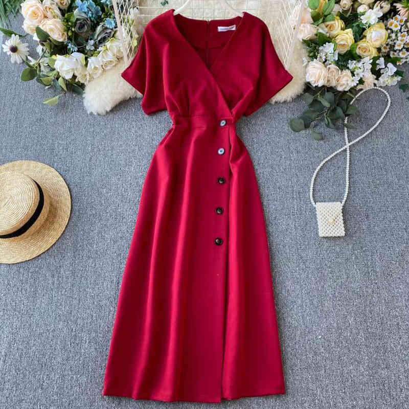 Summer Korean Solid Women Dress Vintage Short Sleeve Mid-Calf Party Dress Single-breasted V-Neck Vestidos Cute Clothing 210521, Pink
Summer Korean Solid Women Dress Vintage Short Sleeve Mid-Calf Party Dress Single-breasted V-Neck Vestidos Cute Clothing 210521, Pink