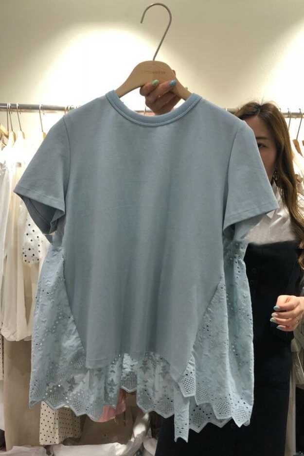 Summer Back Hollow Out Lace Patchwork Short-sleeved O Neck T-shirt Women's Top 210615