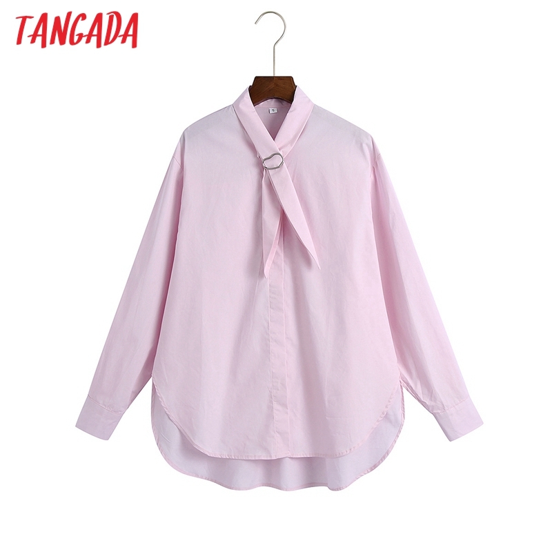 Spring Women Pink Blouse Chain Decorate Bow Long Sleeve Chic Female Office Lady Shirt Blusas Femininas 6Z64 210416