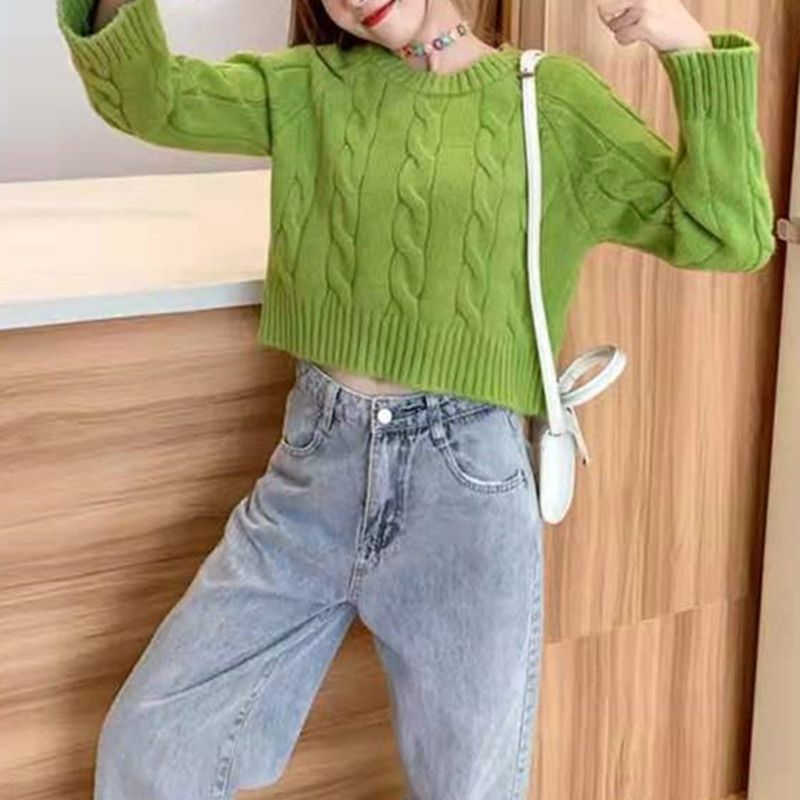 Korean Women Short Sweater Woman Round Neck Solid Color Long-sleeved Knitted Top Bottoming Autumn Winter Tops 210514