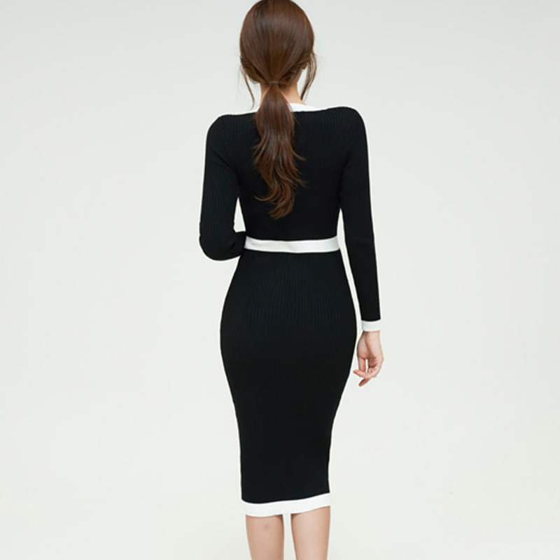 Winter Color Matching Office Elastic Knitted Dress Women Single-Breasted Long Sleeve Work Bodycon Vestidos 210520