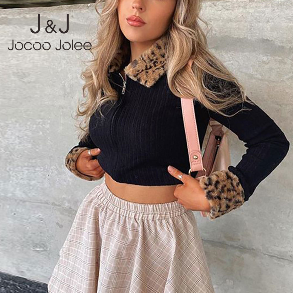 

Jocoo Jolee Fashion Leopard Print Slim Knitted Sweater Zipper Cardigans Turndown Collar Long Sleeve Knitted Tops Black Jackets 210518