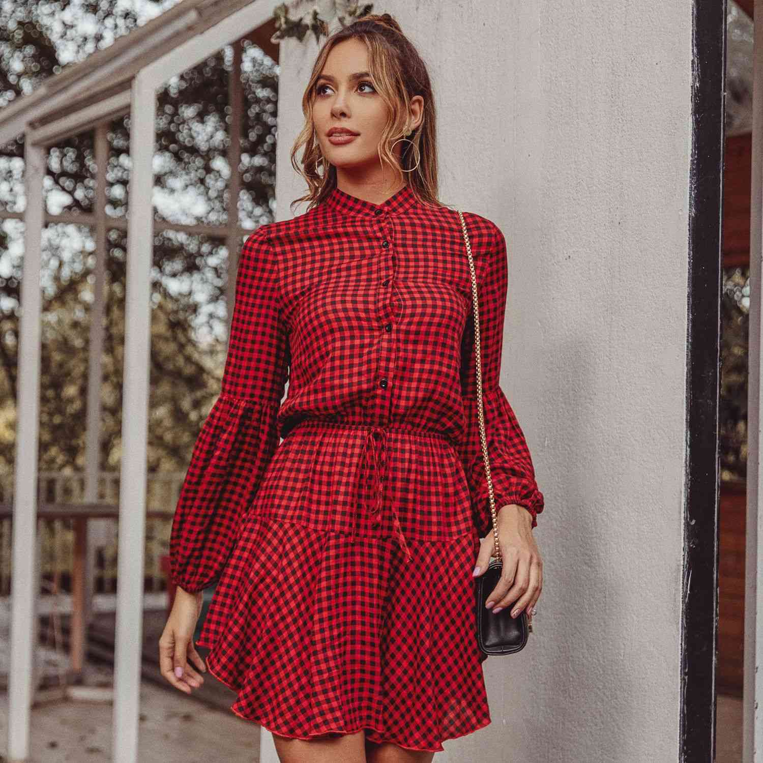 Foridol lantern long sleeve plaid red dress women vintage checkered short button dress office ladies elegant dress vestidos 210415