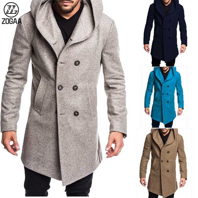 ZOGAA Mens Fashion Long Trench Coat Fleece Hooded Woolen Jacket Peacoat Overcoat 211122
