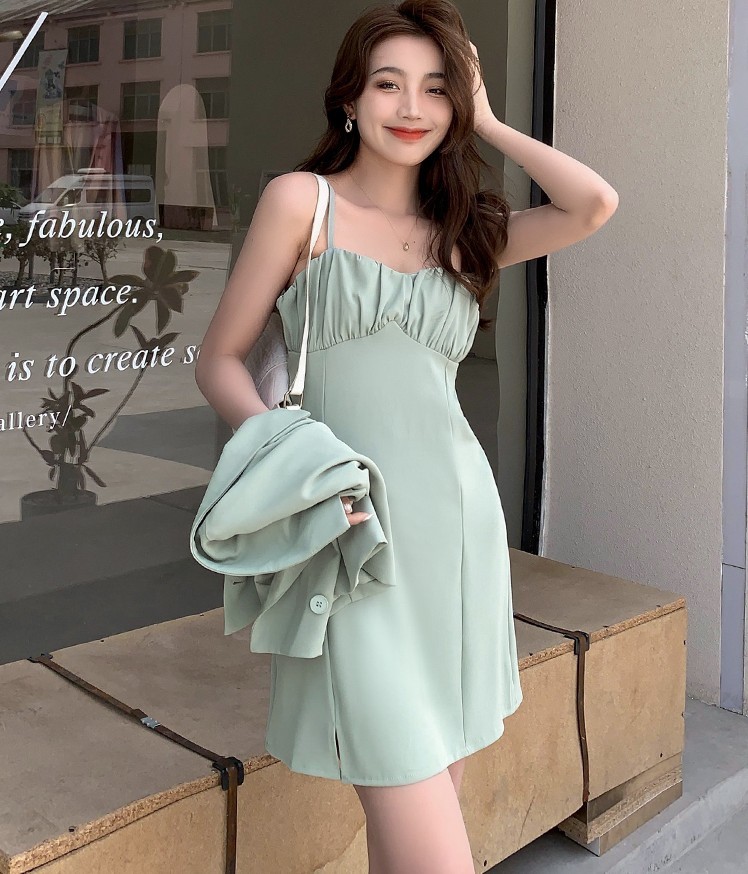 Office OL Puff Short Sleeve Blazer Coat + Sexy Ruched Sling Dress Fashion Women Two Piece Set Summer Female Outfits 210518