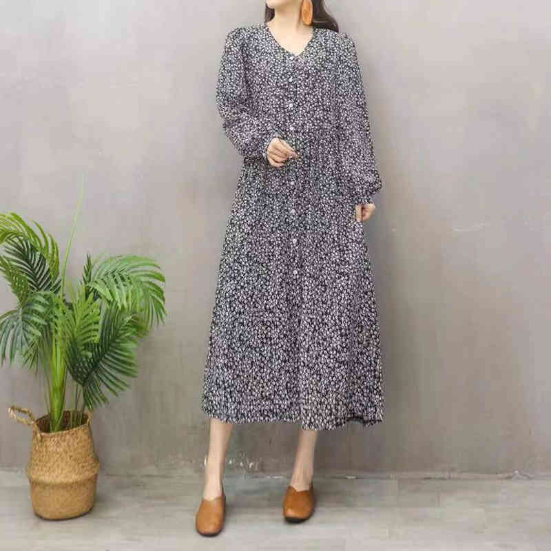 Spring Vintage Floral Pleated Chiffon Casual Slit Dress Women Sleeve Elegant V Neck Loose Long Dresses D12701X 210416