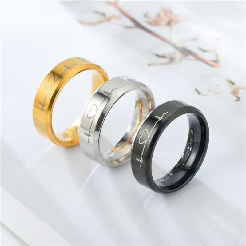 Titanium Steel Electrocardiogram Ring for Men Women18K Gold Silver Stainless Steel Couple Lovers Ring Jewelry Gift for Boyfriend Girlfriend Birthday P