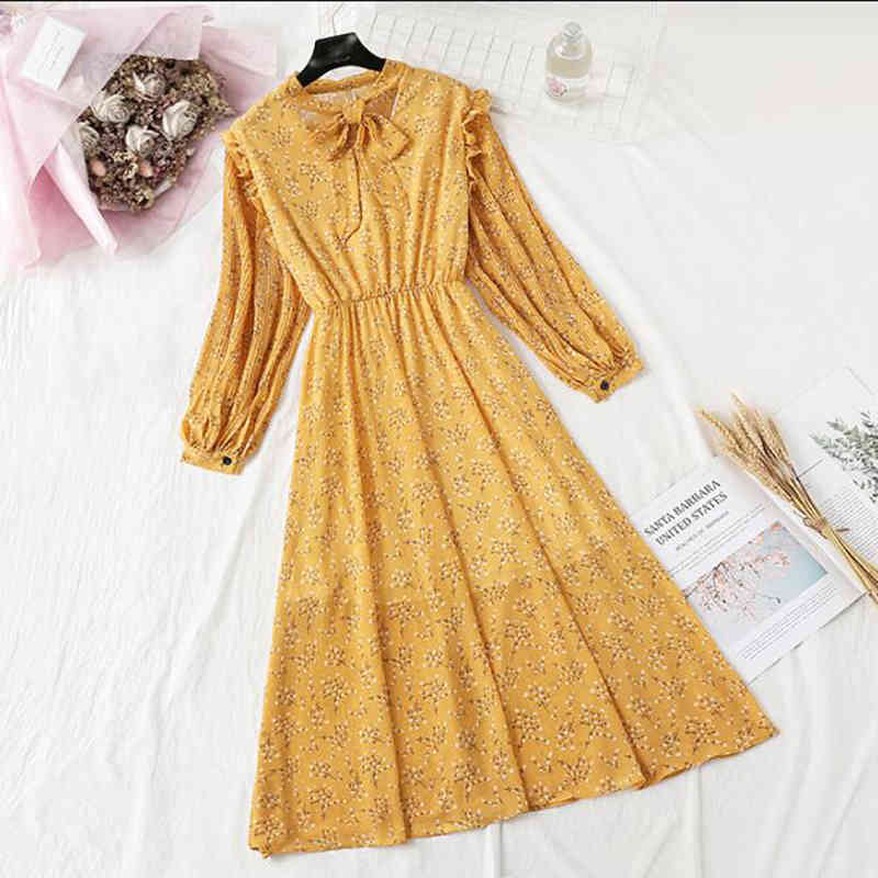 Autumn Elegant Women Chiffon Midi Dress Vintage Bow Floral Print Long Sleeve Dress Elastic Waist Office Lady Casual Dresses 210521