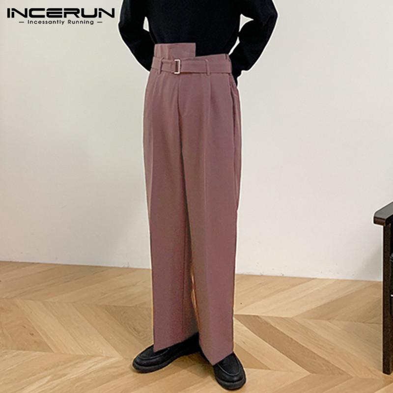 Men Straight Pants Solid High Waist Trousers Fashion Irregular Waistband Pantalon Man Zipper With Belts Plus Size Men's