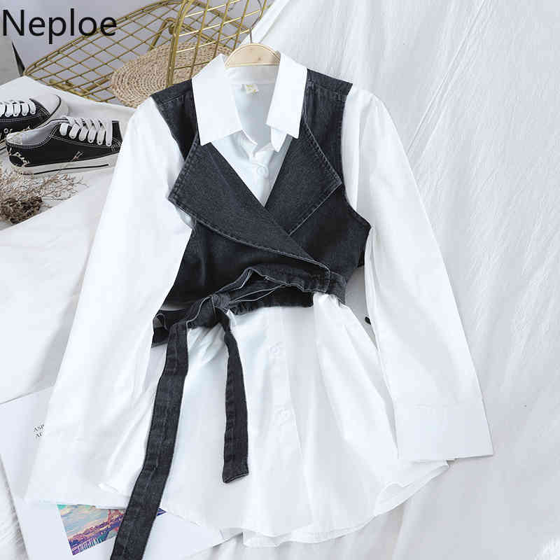 Neploe Women Blouse Fashion Korean Casual Loose Long Sleeve Turn Down Collar Solid Shirt Jeans Vest Office Lady Spring 1A158 210401