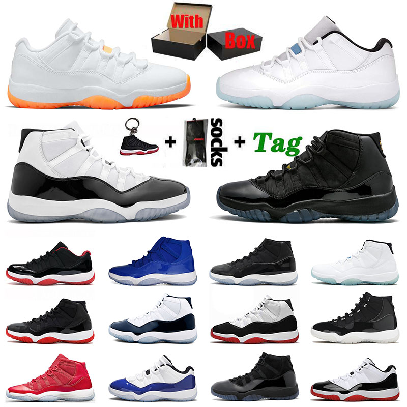 With Original Box Jumpman 11 11s Shoes for Mens Womens Low Citrus XI 25th High Bred Legend Blue Concord 45 23 Space Jam Cap and Gown Gamma Sneakers Trainers