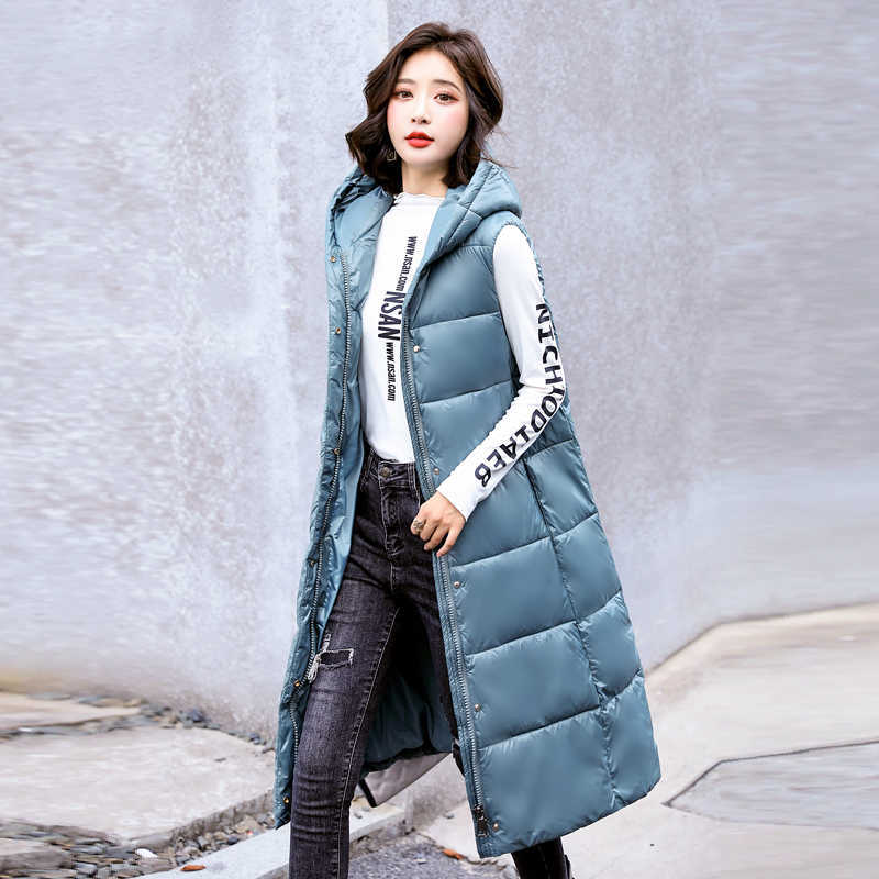 Hooded Solid Winter X-Long Thick Vest Jacket for Women Casual Loose Down Cotton Waistcoat Quilted Zipper Sleeveless 211220