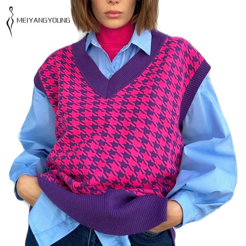 MEIYANGYOUNG V Neck Knitted Sweater Vest Women Sleeveless Oversized Pullover Houndstooth Vintage Fall Waistcoat Sweaters Female 210819