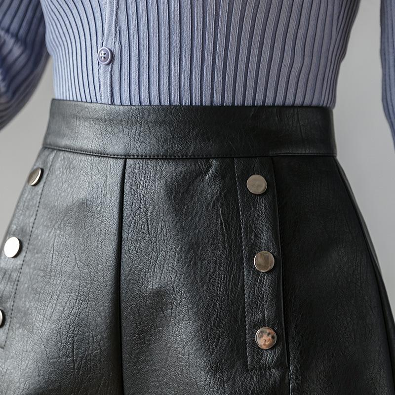 Double Breasted Pu Leather Shorts Femme High Waist Wide Leg Women Autumn Winter Casual Black Women's