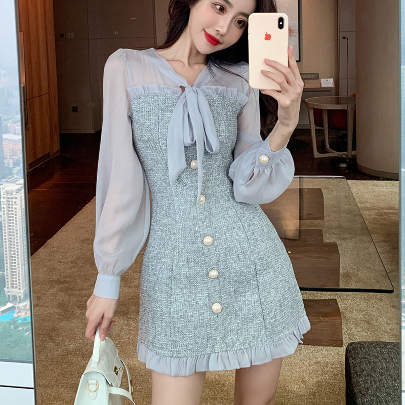 New Spring Vintage Sexy See-through Chiffon Patchwork Tweed Mini Dress Women Ribbon Bow Single-breasted Long Sleeve Party Dress 210409