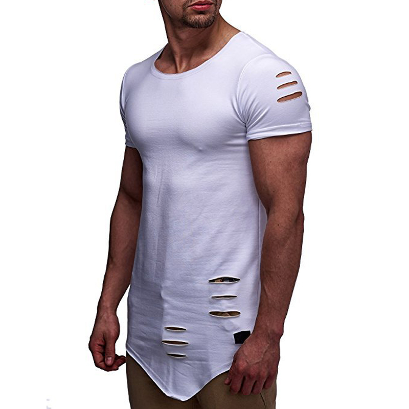 IceLion New Spring Irregular Hole T Shirt Men Casual Long Fitness T-shirt Summer Short Sleeve Solid Slim Fit Men's Tshirt 210329