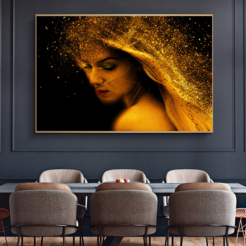 Modern Large Size Golden Woman Painting Canvas Art Wall Picture Abstract Portrait Posters And Prints For Living Room Home Decor