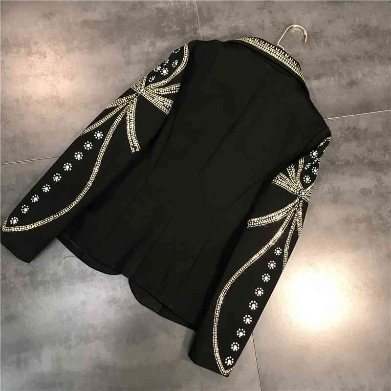 Black Casual Print Jackets For Women Lapel Collar Long Sleeve Hit Color Diamonds Coats Female Fashion 210524