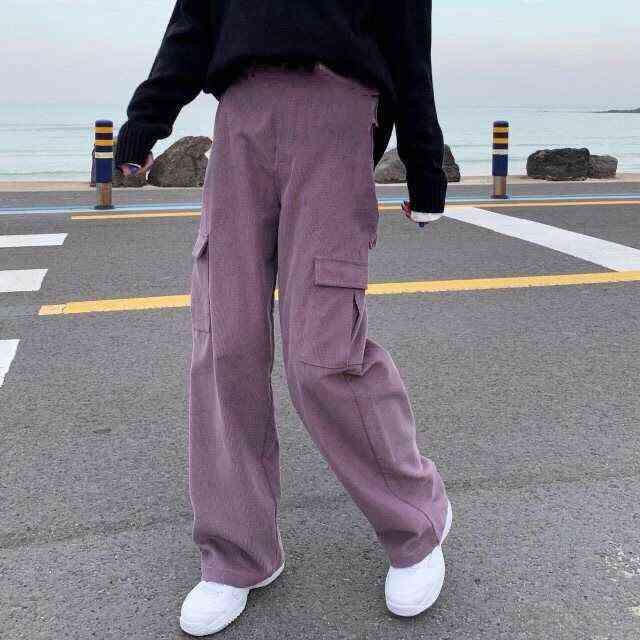 Women's Cargo Pants Corduroy Wide Leg Pocket Jogger Trousers Autumn Winter Casual Loose Streetwear Harajuku Harem Pant Females 211112