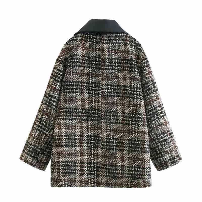 Vintage Women Faux Leather Notched Collar Blazers Fashion Ladies Woolen Plaid Jacket Streetwear Female Chic Loose Coat 210430