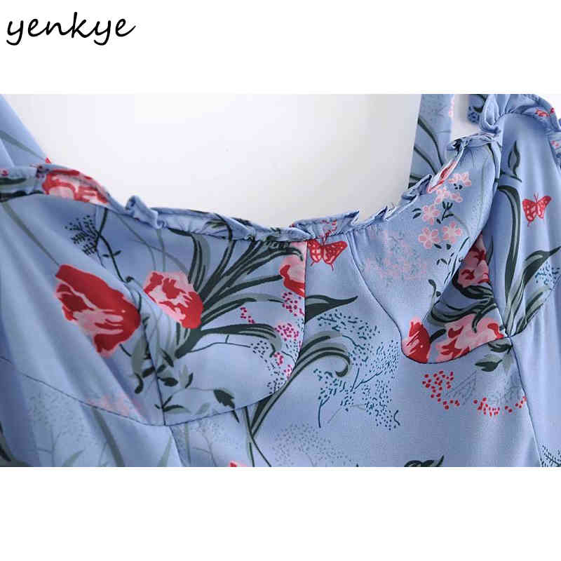 YENKYE Vintage Prairie Chic Floral Print Summer Dress Women Sexy Sleeveless Ruffle A-line Elegant Party Dress Chiffon Vestido 210515