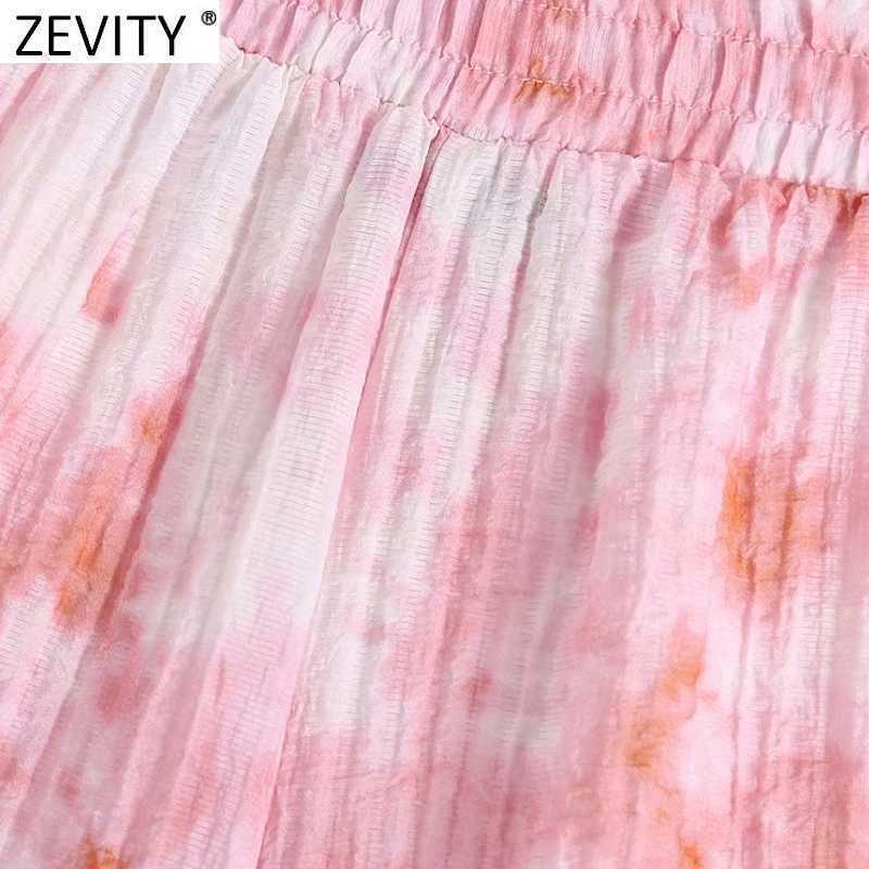Zevity Women Fashion Tie Dyed Print Casual Bermuda Pleats Shorts Female Chic Elastic Waist Summer Pantalone Cortos P1035 210603