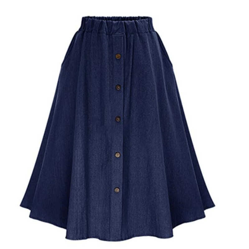 Fashion Korean Preppy Style Denim Skirt Solid Color Long Nature Waist Female Big Hem Casual Button Jean 210621
