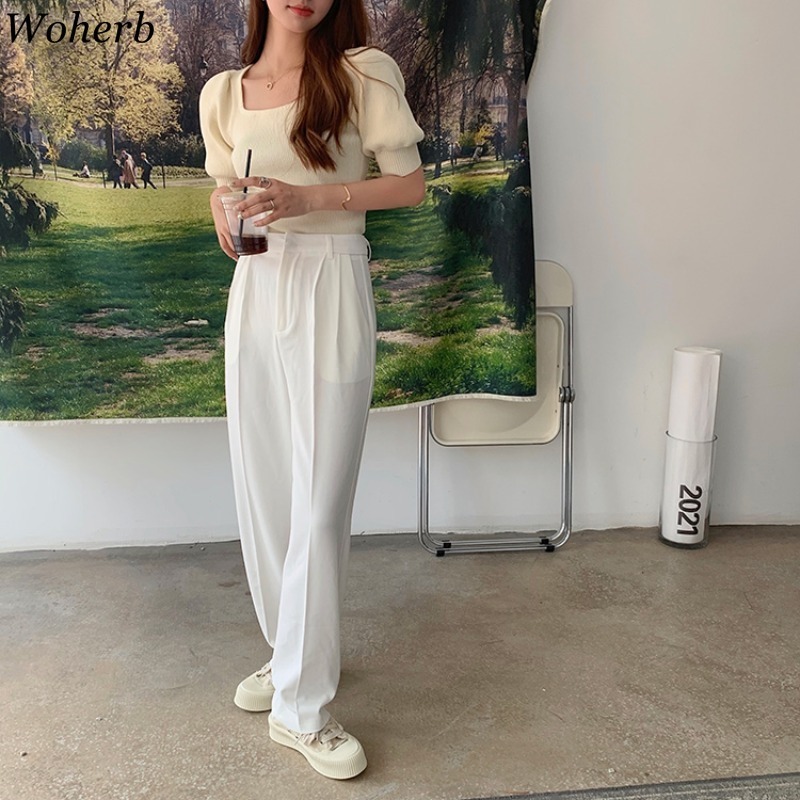 Chic Knitted T-shirt Women Summer Korean Tees Square Neck Puff Sleeve Slim Thin Tops 1 Fashion Sweet Shirts 210519