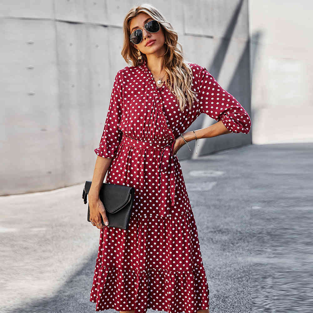 Women's Dress Spring Casual Polka Dot Print Ruffle Holiday Midi Sundress Elegant V Neck Belt Lace Up Red Dresses For Ladies 210522