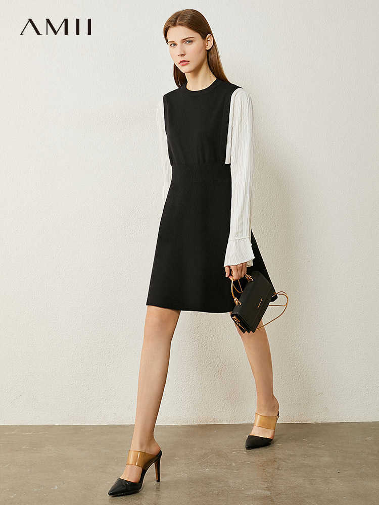 Minimalism Autumn Women's Dress Fashion French Style Oneck Patchwork High Waist Knee-length Dresses For Women 12030479 210527