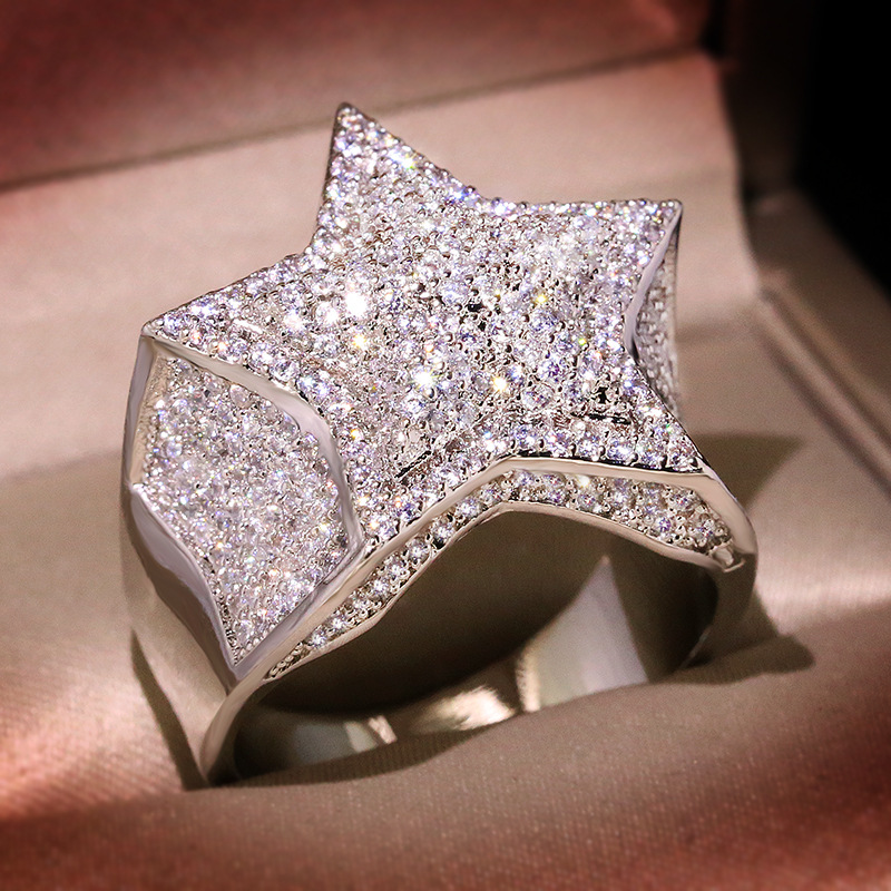 Mens Gold Ring Stones Iced Out Five-pointed Star Fashion Hip Hop Silver Rings Jewelry