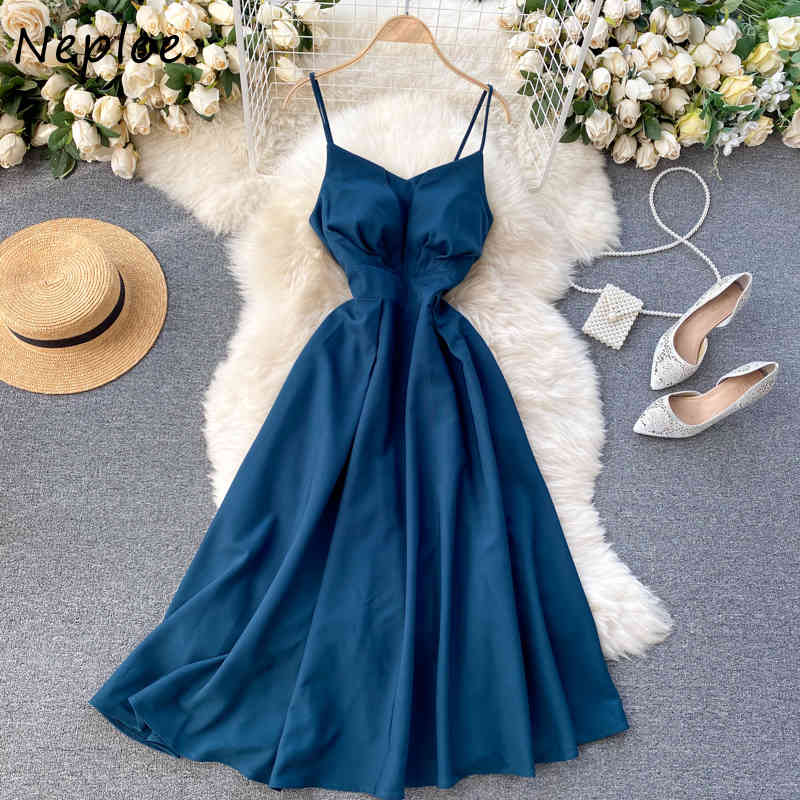 Neploe Sexy Sleeveless Camis Dress Women High Waist Hip A Line Slim Long Vestidos Mujer V Neck Solid Summer Holiday Dresses 210422