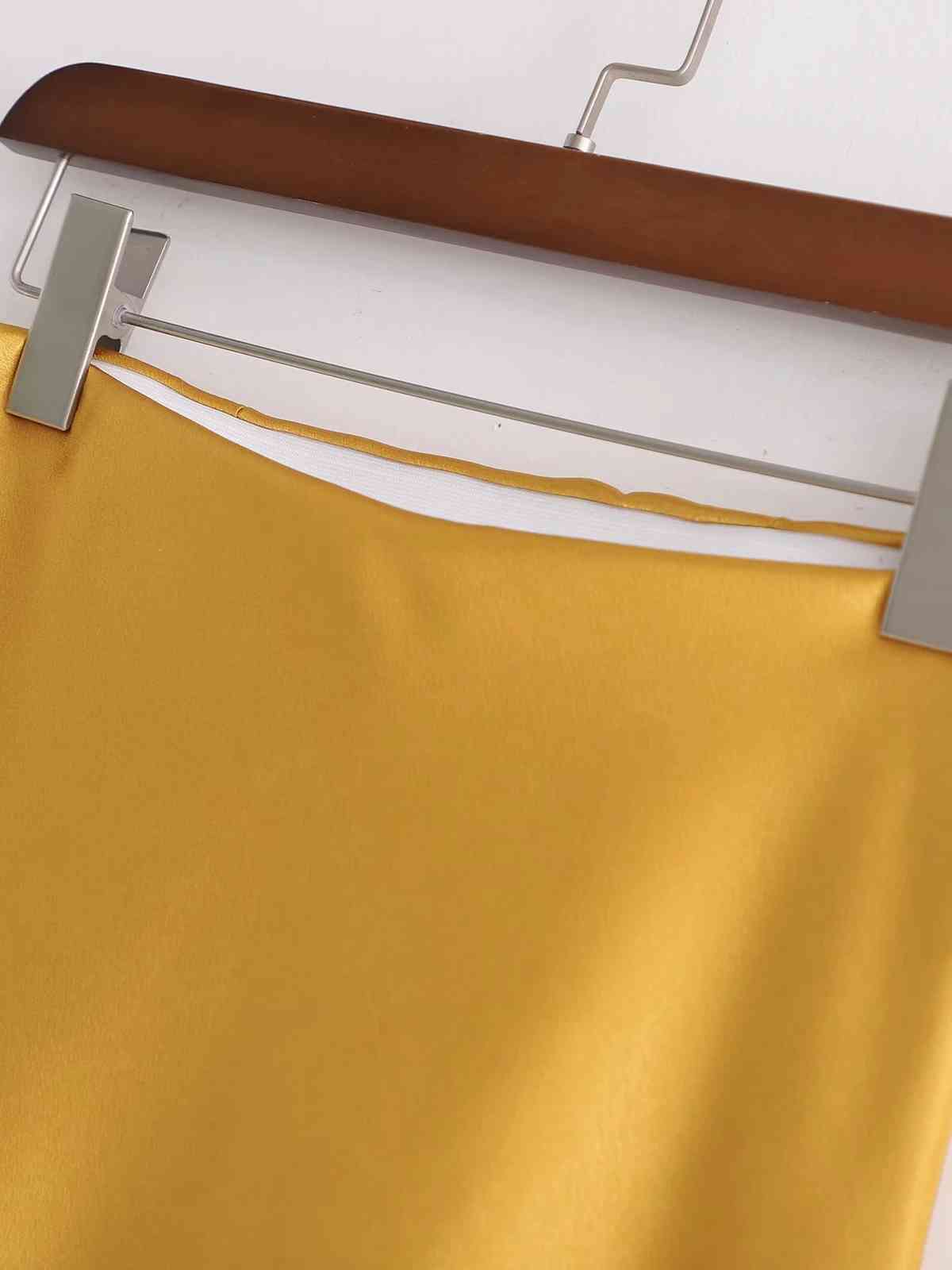 elegant silk high waist satin skirts women causal office midi vintage silver yellow A-Line 210521