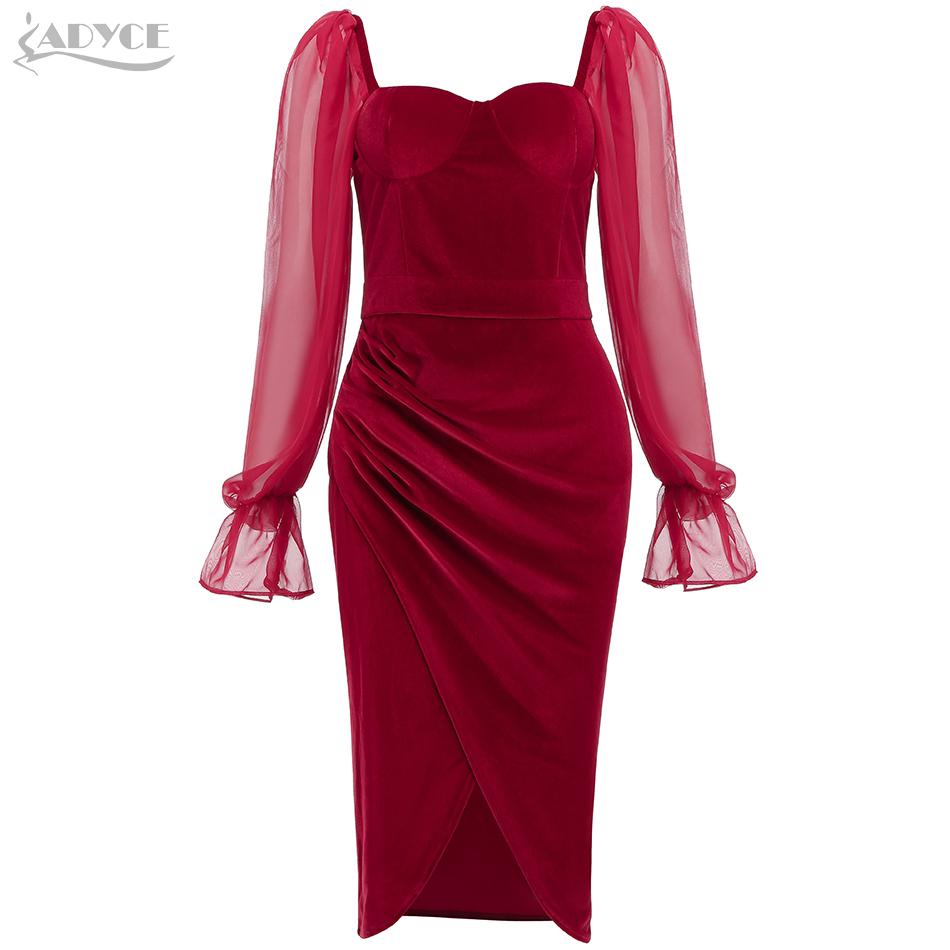 Summer Women Red Lace Fashion Midi Dress Sexy Long Sleeve Velvet Club Celebrity Evening Runway Party Lady 210423
