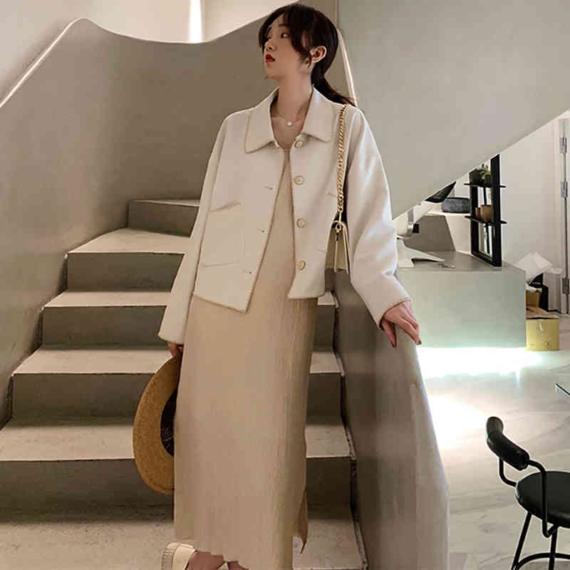 Solid Elegant Blend Coat Women Autumn Spring Turn Down Collar Batwing Long Sleeve Fashion Jacket Pockets Woolen Casual Outwear 210515