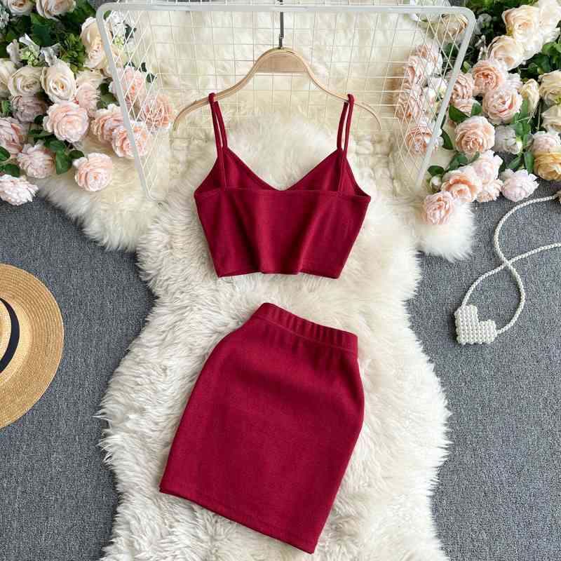 DEAT Women Two Piece Set High Elastic Waist Skirt V-neck Open Back Versatile Slim Vest Fashion Spring Summer 11B506 210709