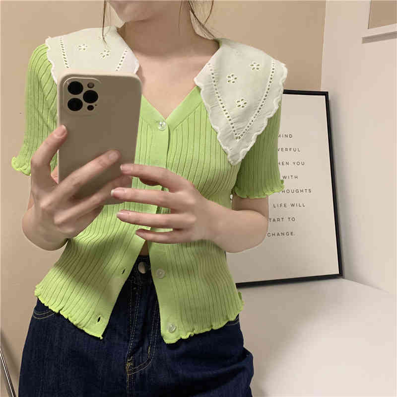 Summer Knitted Cardigan Tops Women Short Sleeve Lace Collar Sweater Korean Elegant Ladies Jumpers Femme 210519