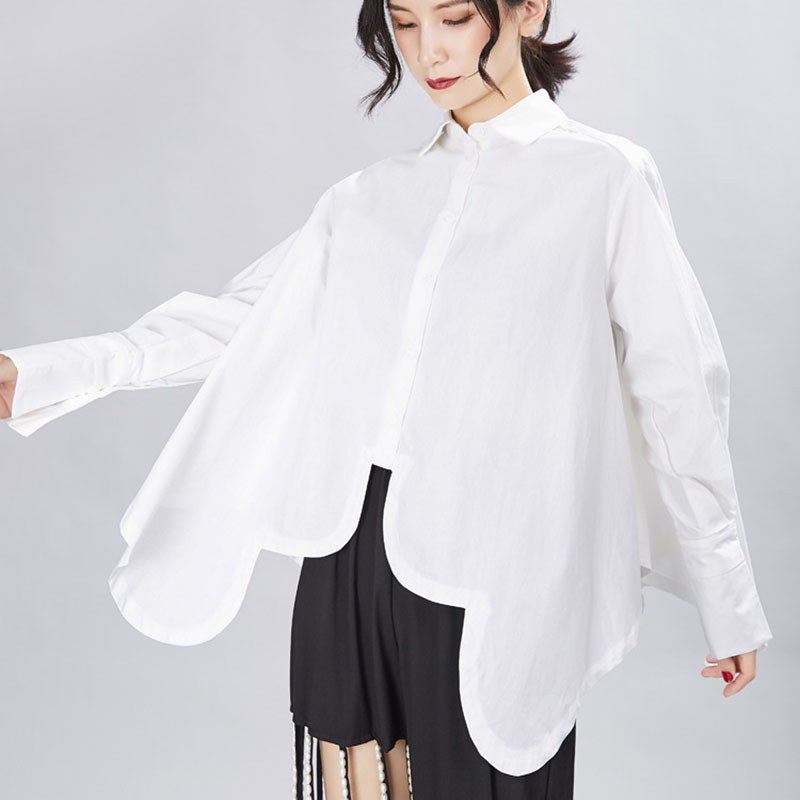 Women Pleated Big Size Irregular Blouse Lapel Long Sleeve Loose Fit Shirt Fashion Spring Autumn 210524